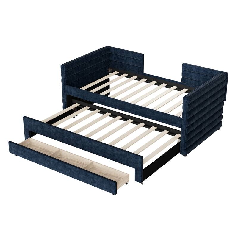 Upholstered Daybed with Trundle and 3 Storage Drawers,for Guest Room,Living Room