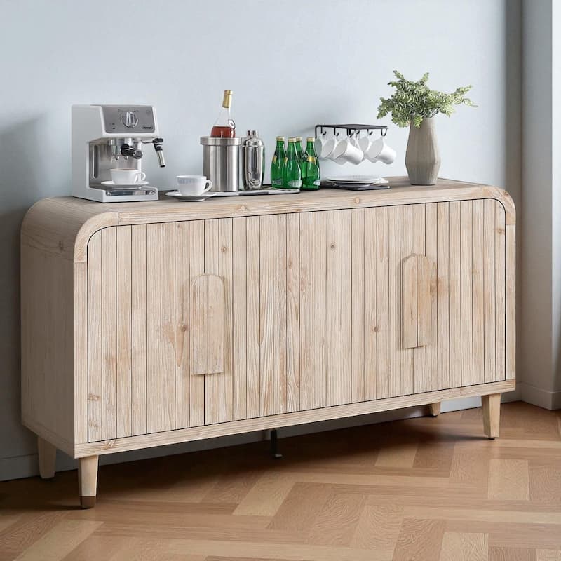 59'' Farmhouse Curved Vintage Sideboard Buffet Cabinet with Vertical Wood Grain Doors and Adjustable Shelves for Dining Room - Antique White