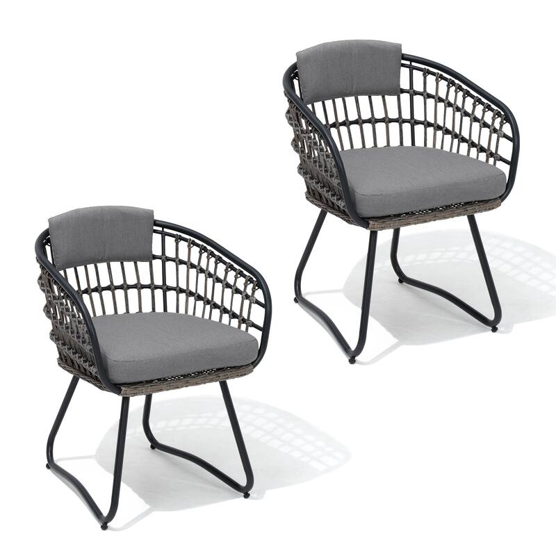 Outdoor Patio Wicker PE Rattan Dining Chairs Set with Seat Back Cushion - Grey-2PC