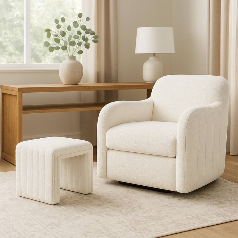 Ada Footstool Ottoman, Channel Tufted Cream White Boucle, 19 Inch