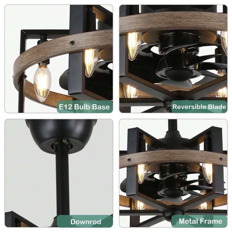 Cusp Barn 18 Inch Black Caged Fandelier Ceiling Fan with Light, Industrial Bladeless DC Motor Reversible Ceiling Fan for Bedroom