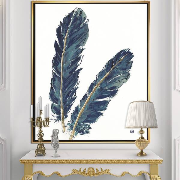 slide 2 of 8, Designart 'Gold Indigo Feathers IV' Modern Bohemian Framed Canvas - Grey 16 in. wide x 32 in. high - Gold
