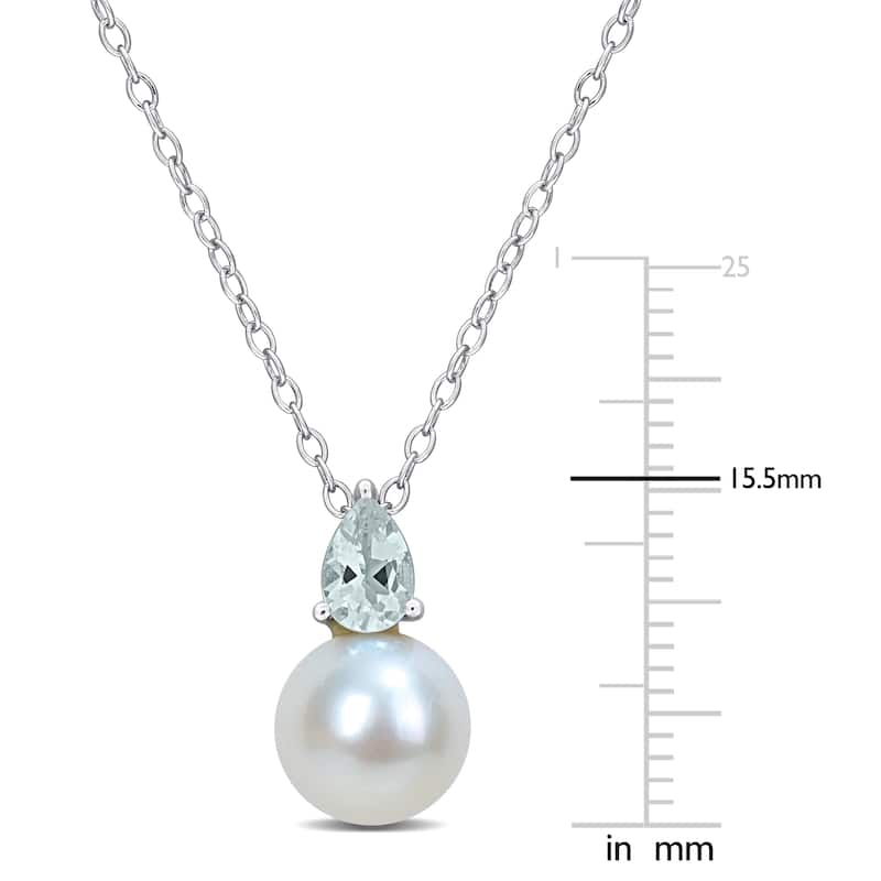 Miadora 3/8ct TGW Aquamarine and 8.5-9mm Cultured Freshwater Pearl Pendant with Chain Silver - 15.5 mm x 8.5 mm
