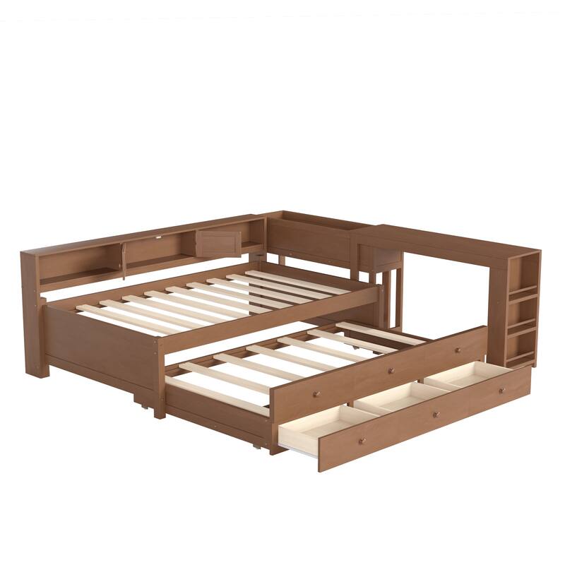 Full/Twin Daybed with Trundle & Storage Drawers - Wood Frame with Side Shelves and Desk