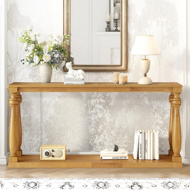 Vintage 63" Long Console Table with Bottom Shelf and Solid Wood Legs for Entryway and Hallway Decor
