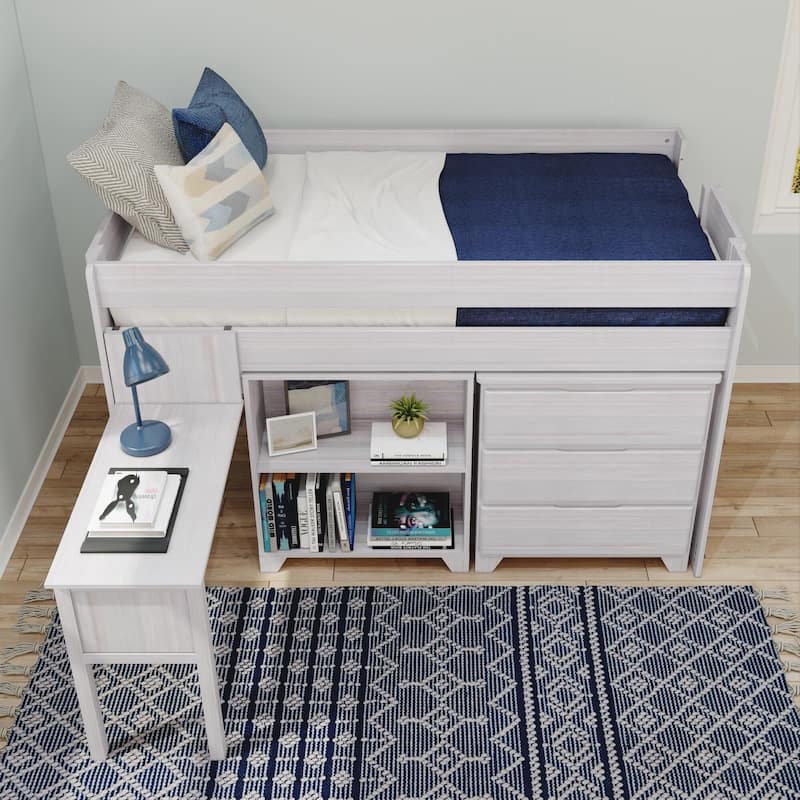 Max and Lily Farmhouse Twin Low Loft with Dresser, Bookcase and Desk