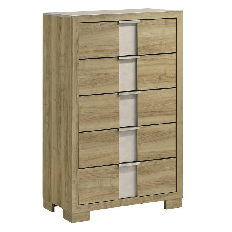 Amey Tall Dresser Chest with 5 Drawers, White Trim and Driftwood Brown Finish
