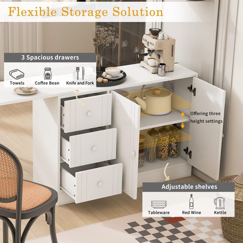 Multifunctional 89.7" Wooden Sideboard with Extendable Table and Storage for Living Room Organization