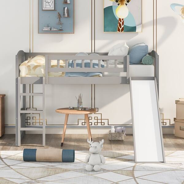 slide 2 of 24, Playful Design Wood Loft Bed with Guardrails, Slide and Ladder, Twin size Grey