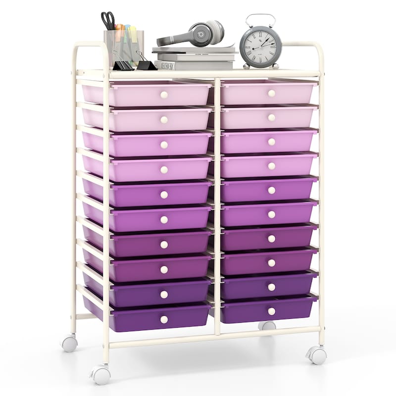 Gymax 20 Drawers Rolling Storage Cart Art Craft Organizer on Wheels - Purple - Metal Finish
