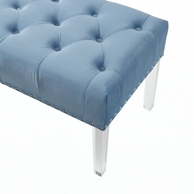 Button Tufted Velvet Upholstered Bench, Blue