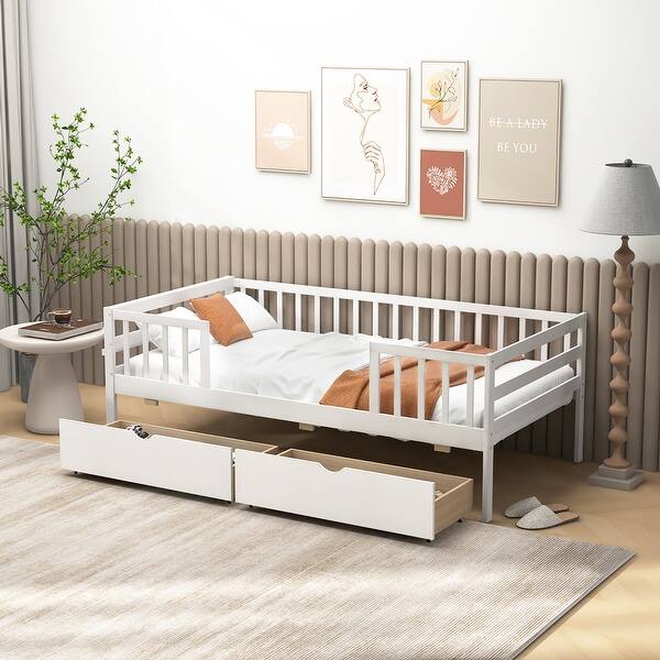 slide 2 of 10, Gymax Twin Size Kids Bed w/ Storage 2 Pull-out Drawers Side Shelf for White - Twin
