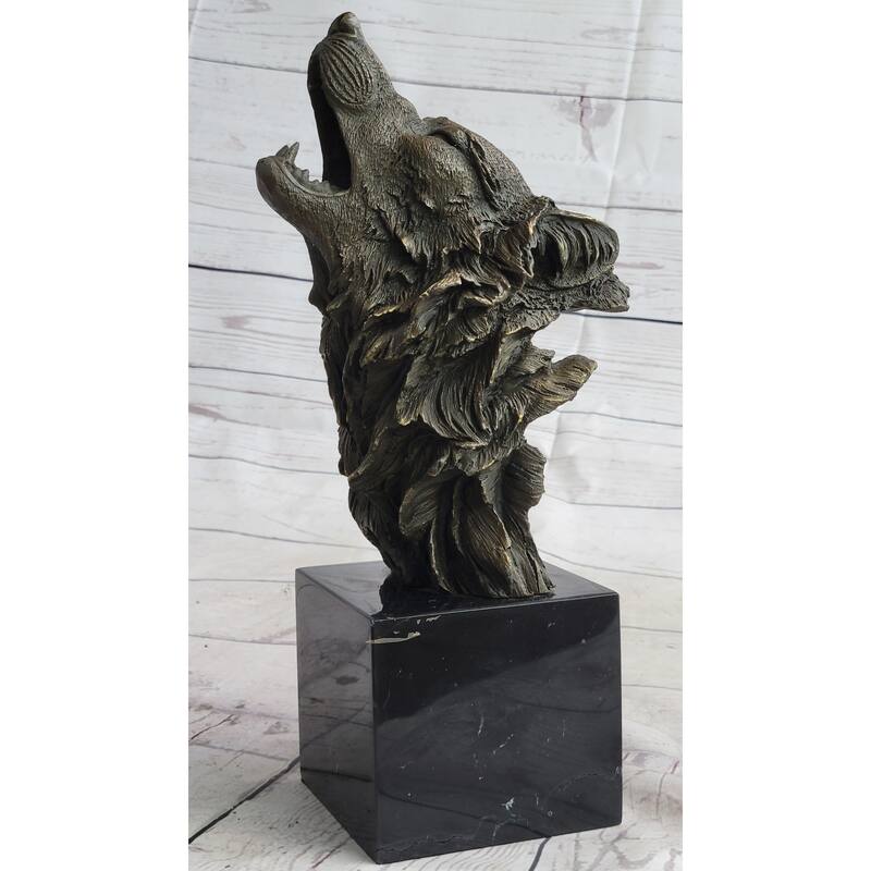 Holwing Wolf Head Bust Bronze Metal Statue Sculpture Figure On Marble Base Signed 12.5 Inches X 7 Inches