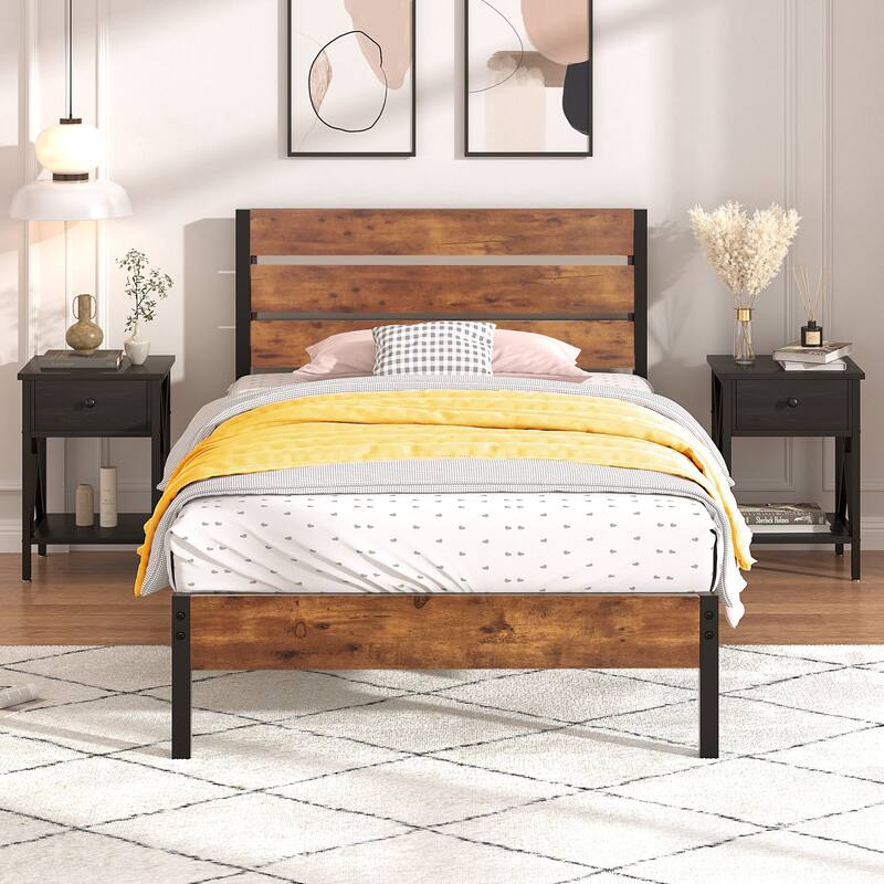 3-Pieces Bed Frame with Wood Headboard and Modern Nightstands Set of 2 - Black Nightstands - Twin