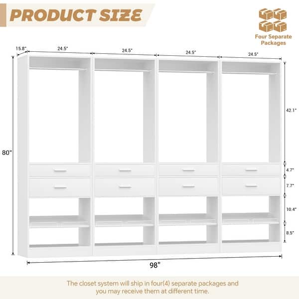 dimension image slide 4 of 8, 25'' W Freestanding Closet System with 2 Wooden Drawers and Adjustable Shoes Rack and Hanging Rod,Walk-in Closet Organizer