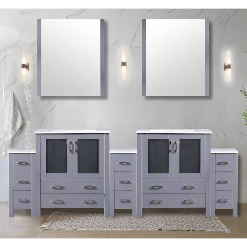 Volez Double Bath Vanity with Side Cabinets, White Ceramic Top and Mirrors