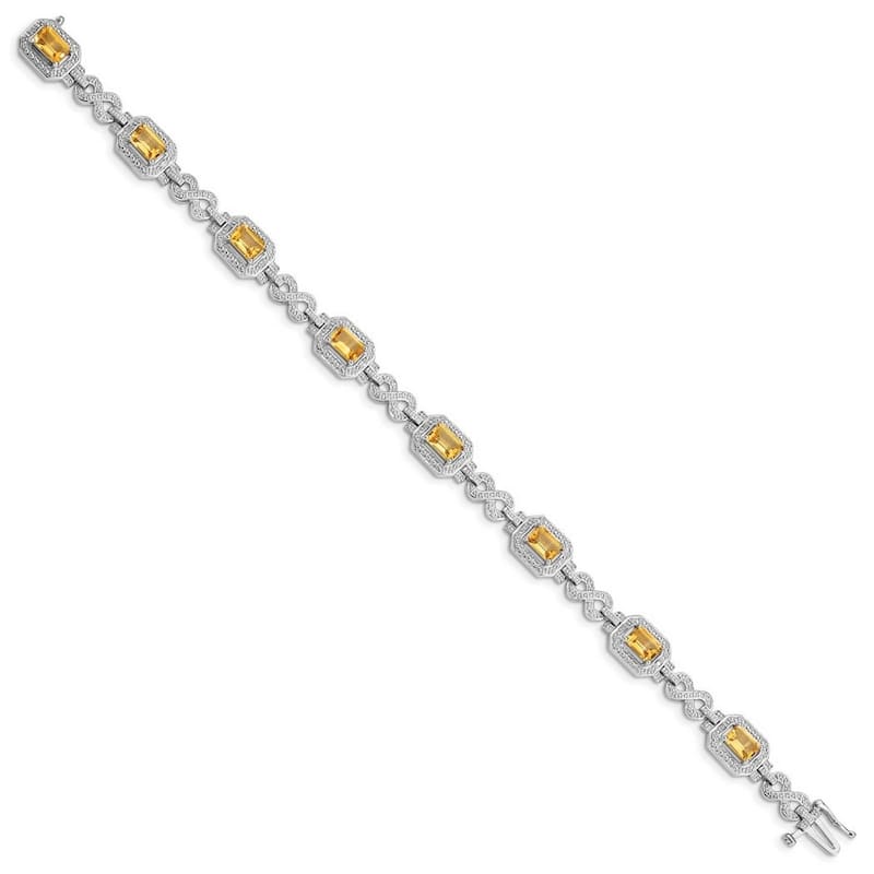 Curata 925 Sterling Silver Textured Polished Box Catch Closure Diamond and Citrine Bracelet