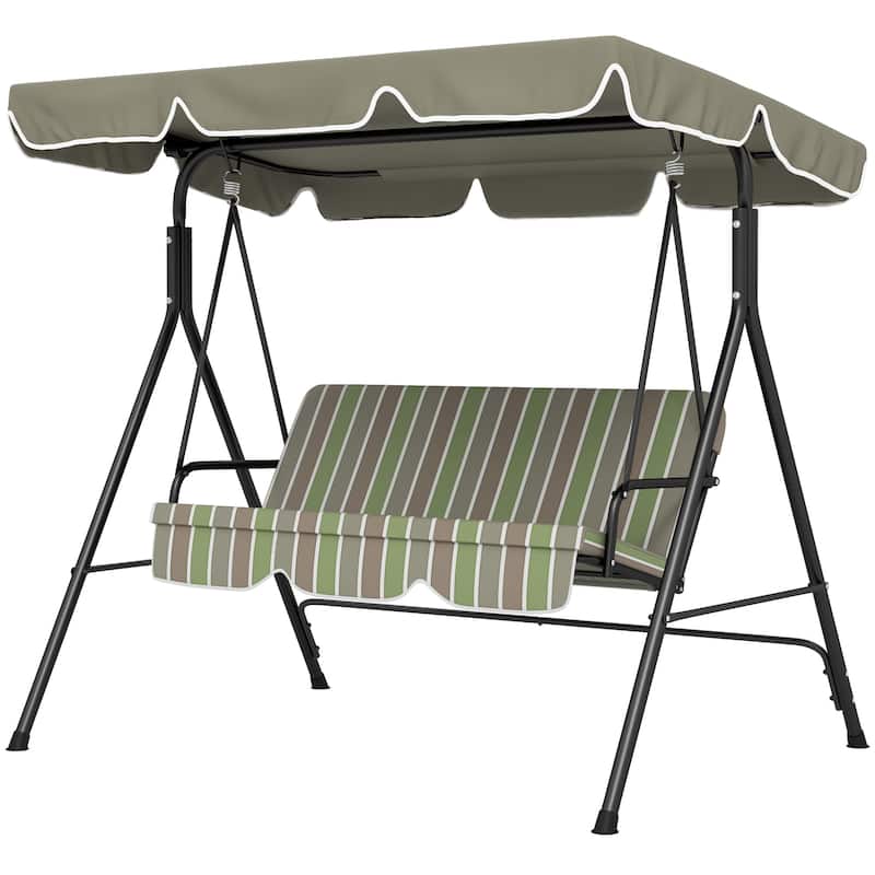 3-Seat Outdoor Porch Swing with Removable Cushion, Steel Frame Stand and Adjustable Tilt Canopy - Beige & Green