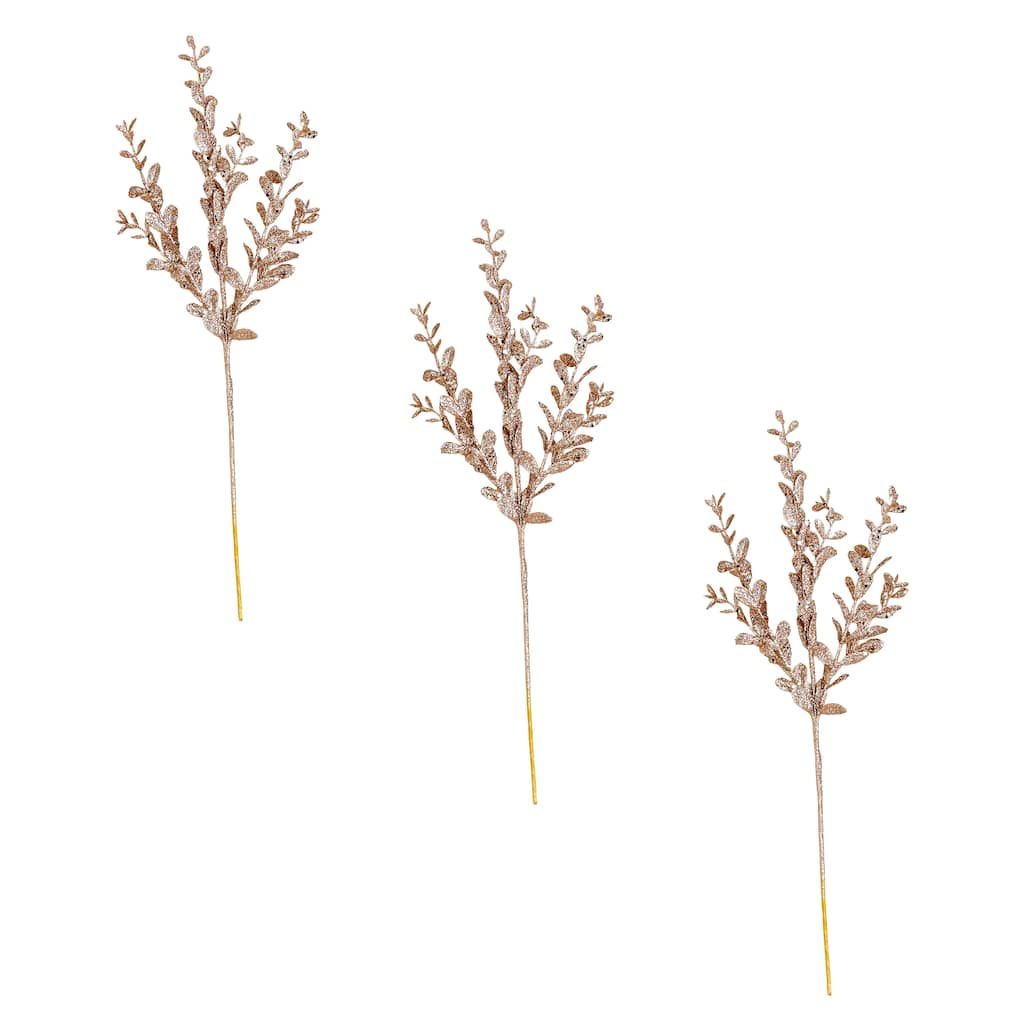 20" Glitter Leaves Spray, Champagne, Set of 3 - Champagne