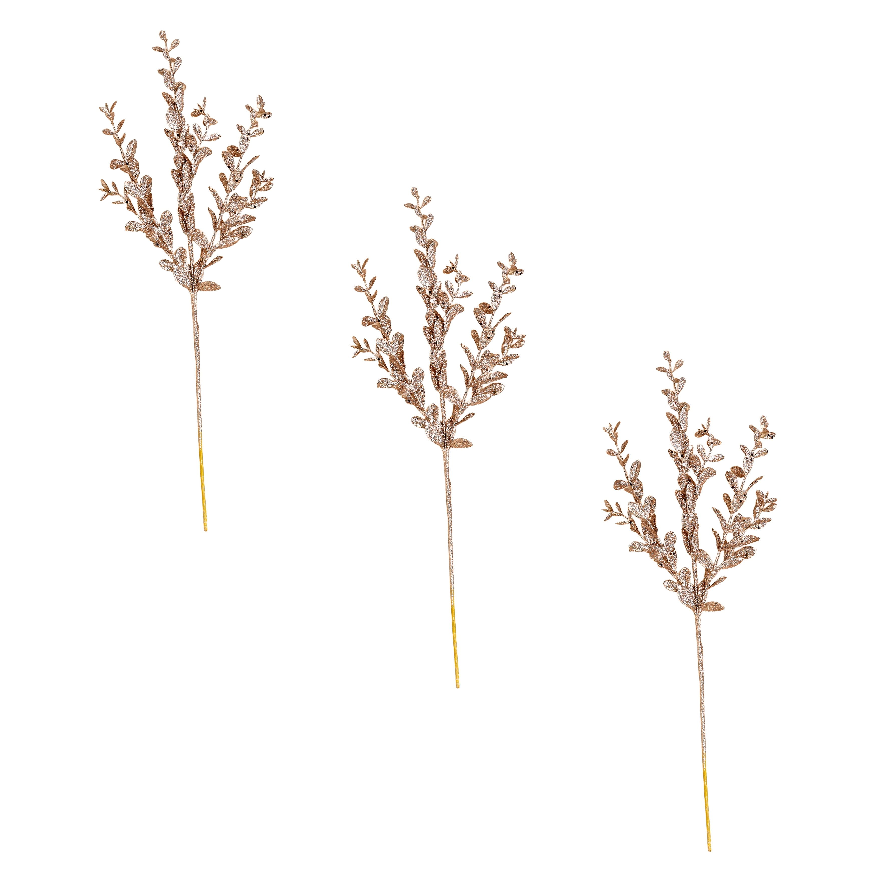 20" Glitter Leaves Spray, Champagne, Set of 3 - Champagne
