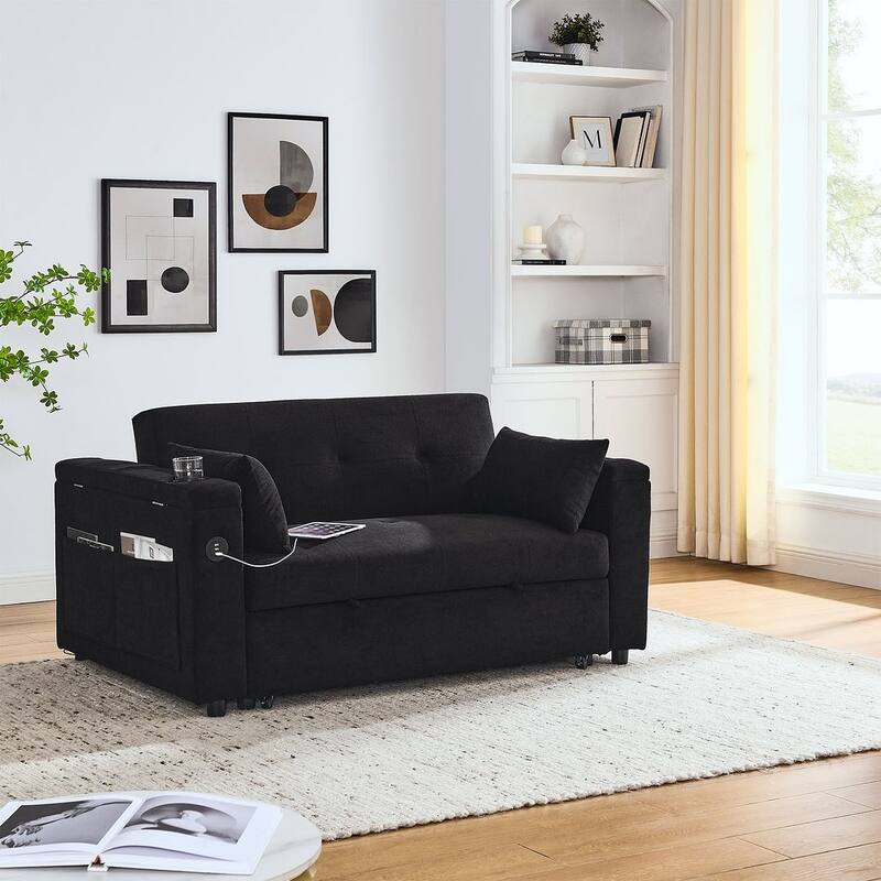 54" Multi-functional Chenille Sofa Bed with Cup Holder and USB Port for Living Room