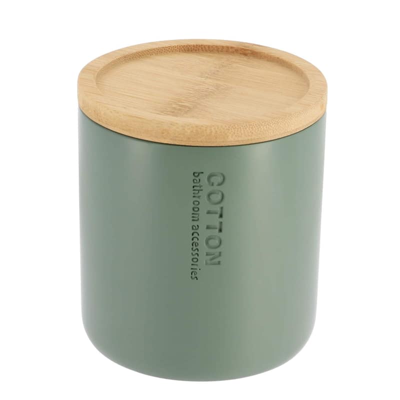 Sleek Cotton Pad Holder - Polyresin Bathroom Storage Container with Bamboo Lid - 4 L x 4 W x 4.6H
