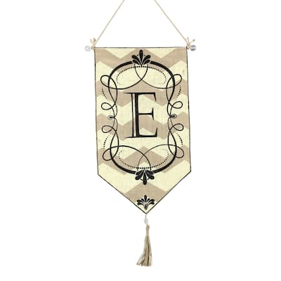 Monogram E Chevron Print Burlap 23 Inch Door Hanging Flag - Tan