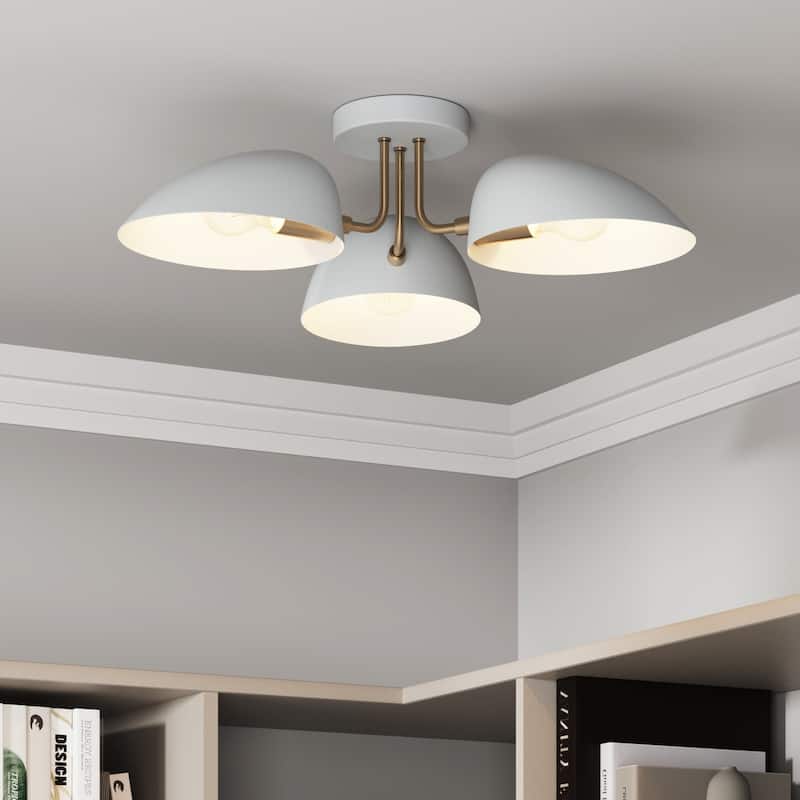Nathan James Argo Semi Flush Ceiling Mount 3-Light Fixture with Retro Rounded Shade - White