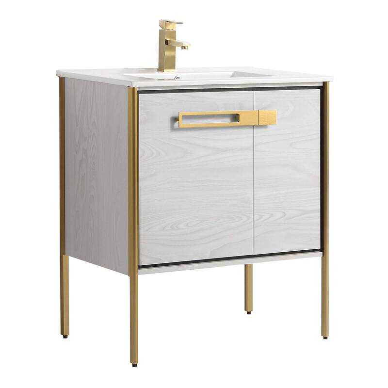 Fine Fixtures Oakville Bathroom Vanity with White Ceramic Sink - 30 Inch - Mild Grey Oak - Satin Brass Hardware