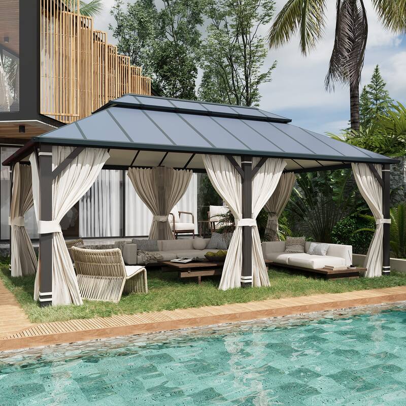 All-Aluminum Hardtop Gazebo for Patio, Outdoor Waterproof Pavilion with Netting and Curtains, Weather-Resistant Canopy
