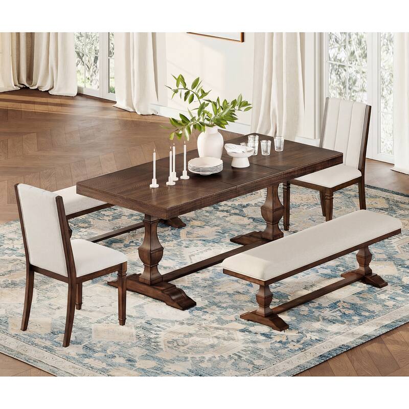 5-pieces Farmhouse Dining Table for 6, 74.8" Kitchen Table Set with 2 Benches and 2 Chairs, Solid Wood Legs and Cushion Seat