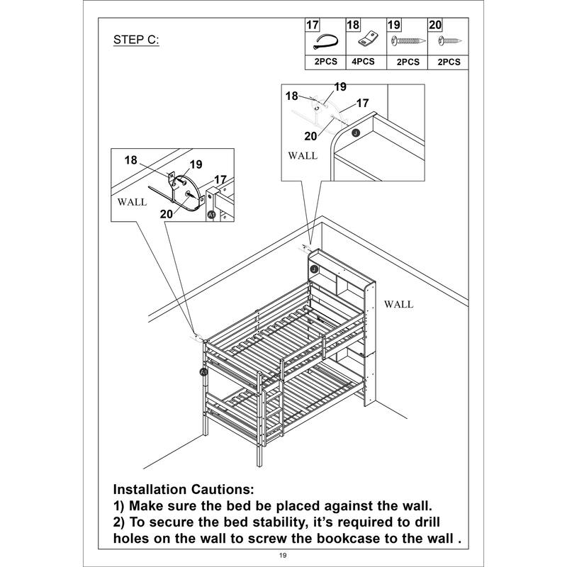 Gray Twin Solid Wood Detachable Bunk Beds with Bookcase, Safety Rail
