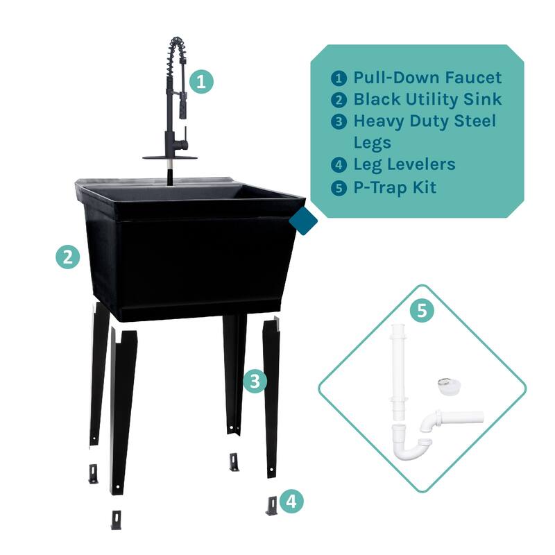 TEHILA Utility Sink Laundry Tub with Black High Arc Coil Faucet