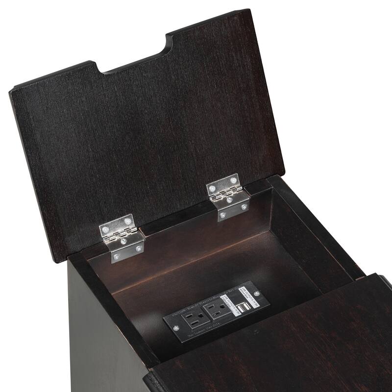 Vintage End Table Flip Top Side Table with USB Ports, One Multifunctional Drawer with cup holders, Sofa Couch Table w/ Bookshelf