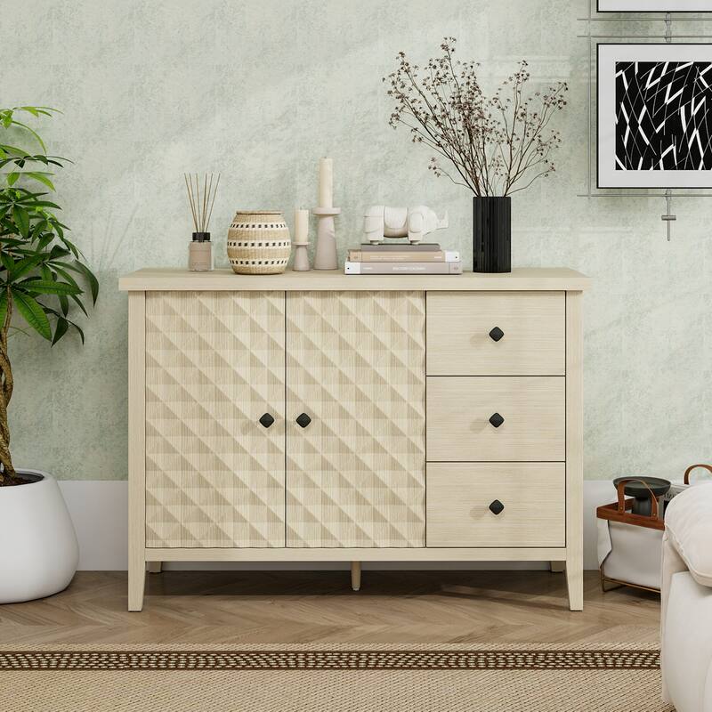 Buffet Cabinet with 2 Embossed Doors, Kitchen Wooden Storage Cabinet, Accent Cabinet with 3 Drawers & Adjustable Shelves