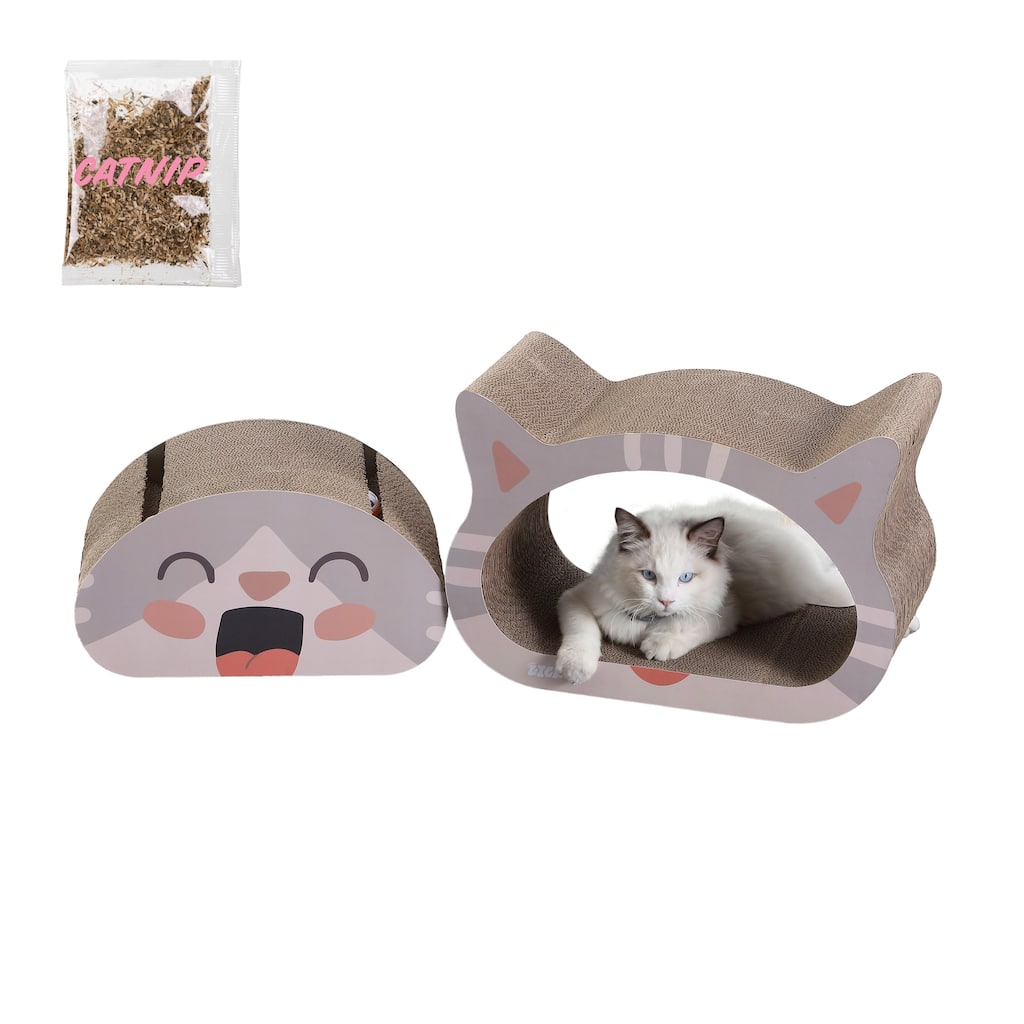 Opal 19" Modern Cardboard Happy Cat Head 2-in-1 Cat Cave Scratcher with Built-In Bell Toys and Catnip, Muted Pink/Cream