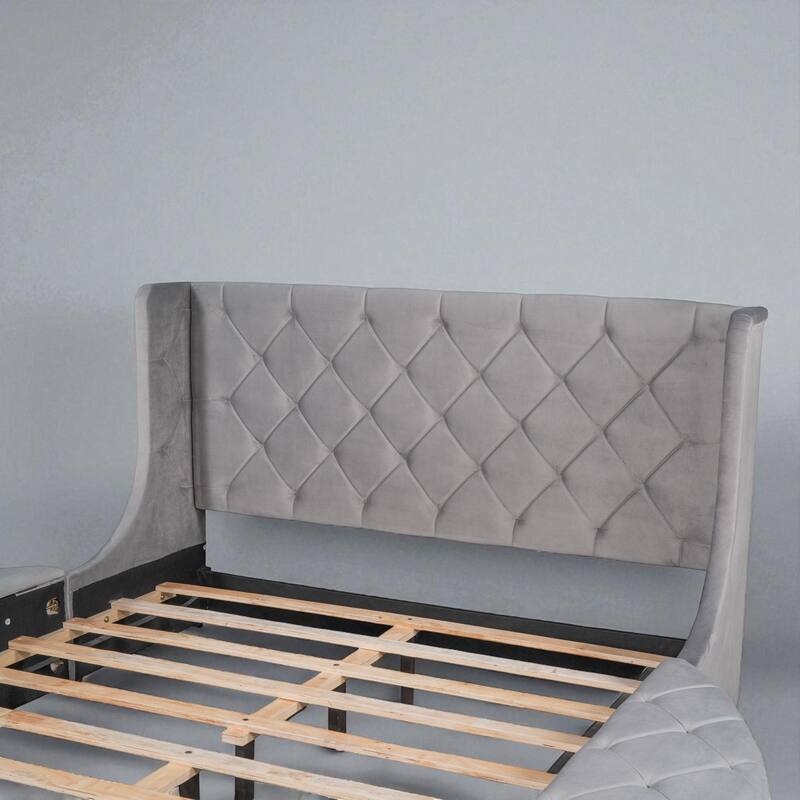 Queen Upholstered Platform Bed with Wingback Headboard, Velvet Fabric, Storage Drawer & 2 Side Storage Stools
