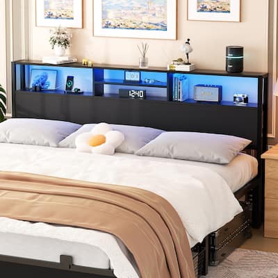 Headboard with Storage and Charge Station, Platform Bed Heaboard with LED Lights