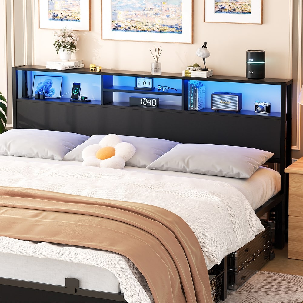 Headboard with Storage and Charge Station, Platform Bed Heaboard with LED Lights
