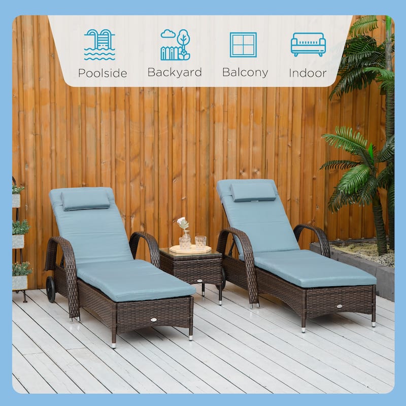 Outsunny 3 Pieces Patio Wicker Chaise Lounge Chair Set, Adjustable Outdoor PE Rattan Cushioned Lounge Set of 2 with Armrests