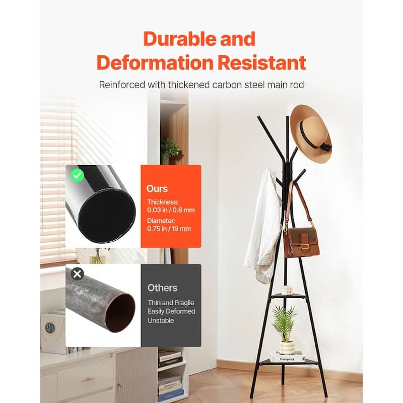 Black Freestanding 6 Hooks Coat Rack Stand with 2 Wooden Shelves for Entryway or Bedroom - 19.5" x 16.7" x 70.5"