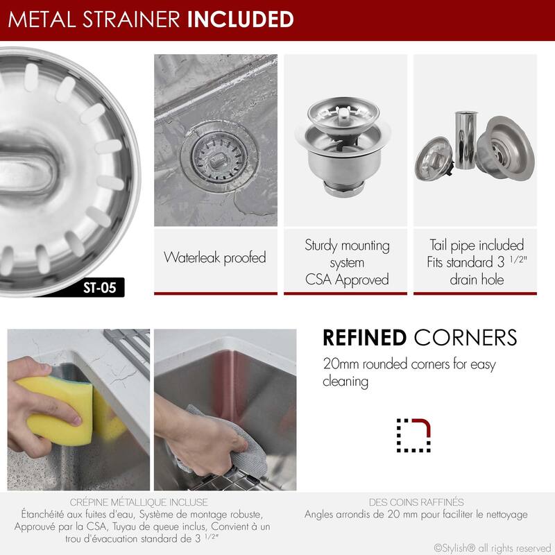 STYLISH Dual-Mount 31" Single-Bowl Stainless Steel Kitchen Sink with Strainer - 31" x 18" x 9"