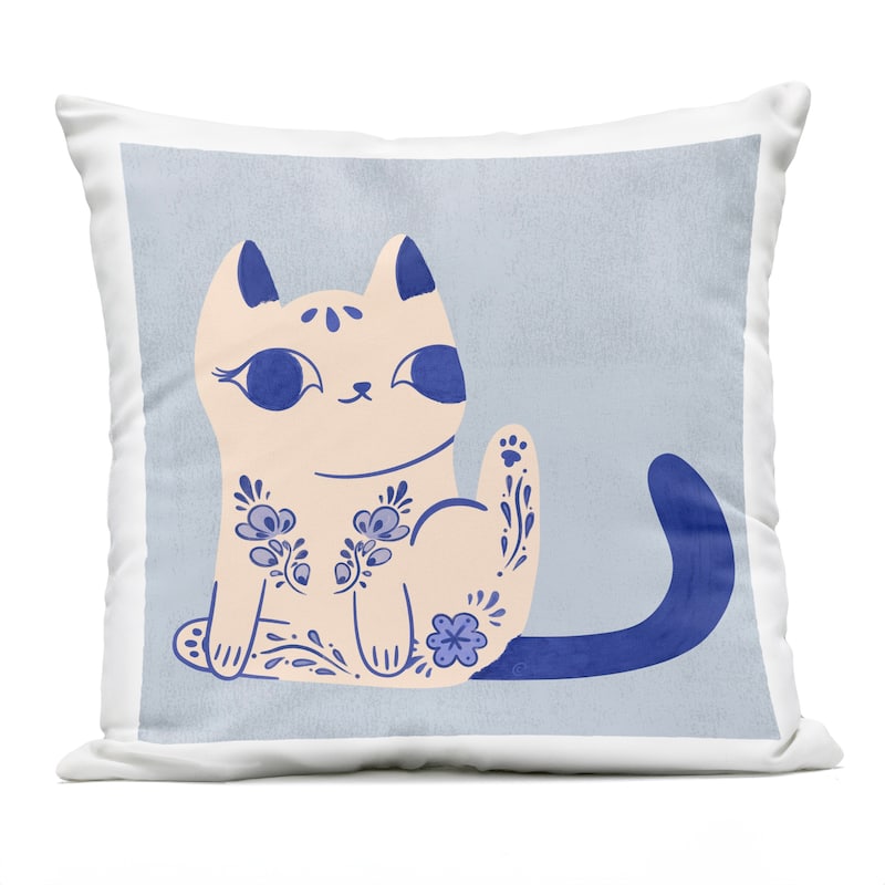 Stupell Ornate Floral Cat Printed Outdoor Throw Pillow Design by Carrie Cantwell - Accent - Polyester - Off-White - Single