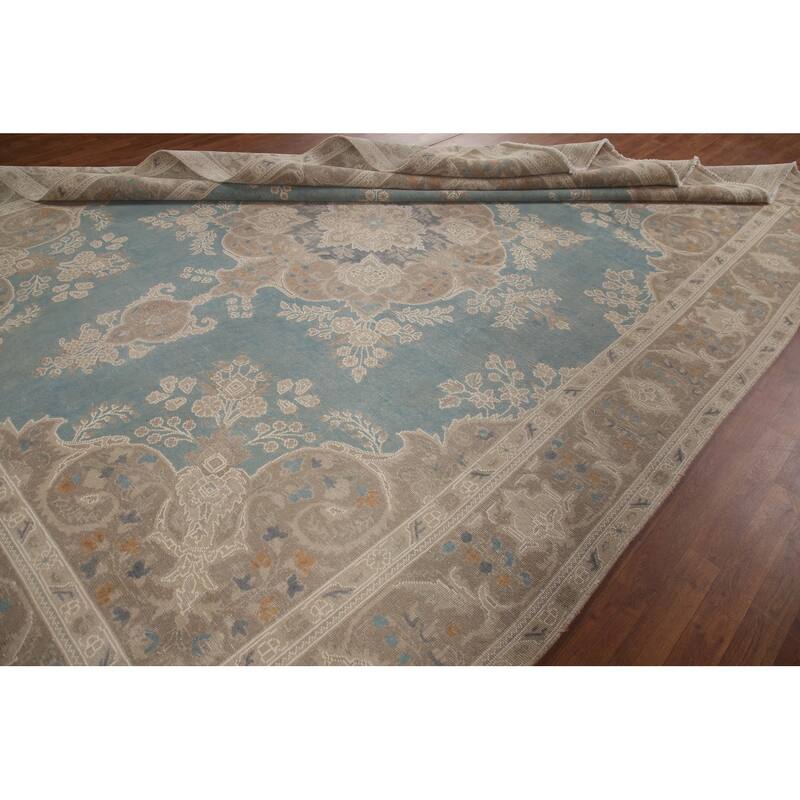 Hand Knotted Oriental 100% Wool Carpet Traditional Floral Navy Blue & Blues Tabriz Area Rug - 13' 0'' X 9' 8''
