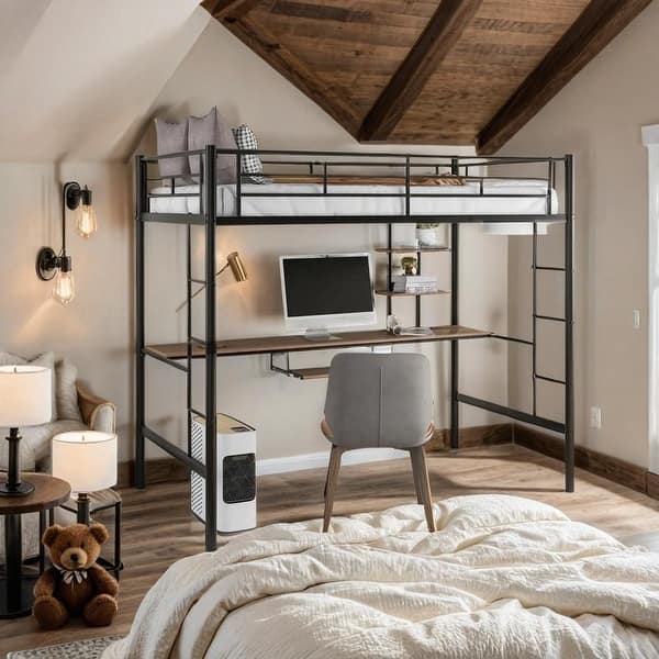 slide 2 of 13, Artsy Twin Loft Bed with Desk and Shelf, Space Saving Design, Black Black