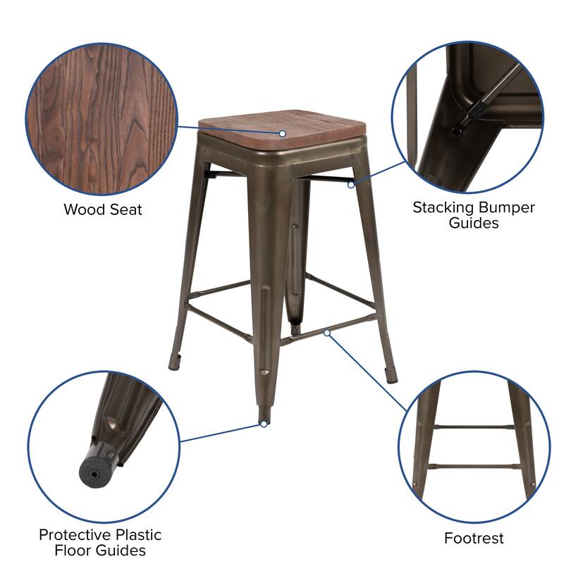 4 Pack 24" High Metal Indoor Counter Bar Stool with Wood Seat - Stackable Stool