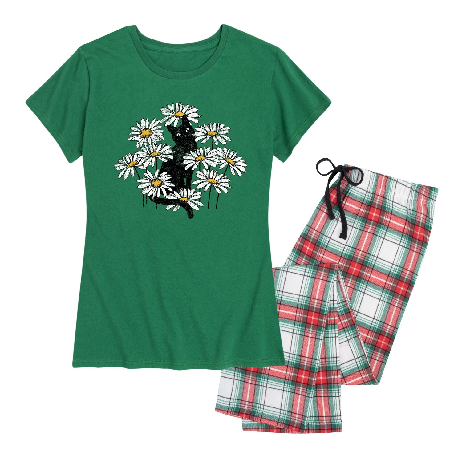 Shop Cat In Field Of Daisies Women S Pajama Set Evergreen Red And Green Plaid Overstock 30014284
