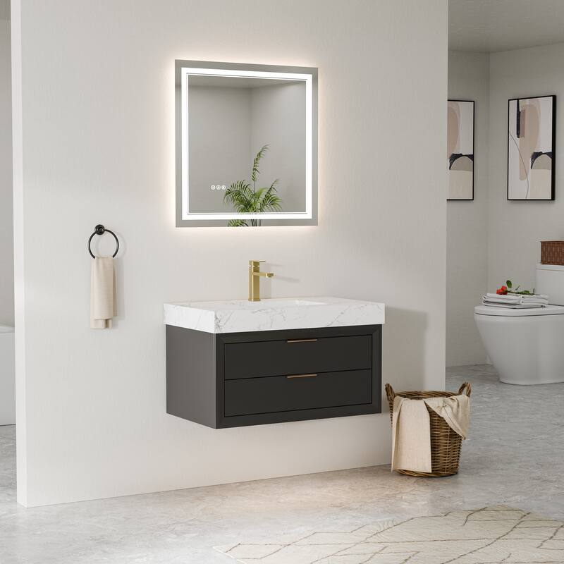 Modland 36" Wall-Mount Vanity with LED Light & 2 Soft-Close Drawers - Solid Oak, Black,White,Blue,Green - 36 inch - Black