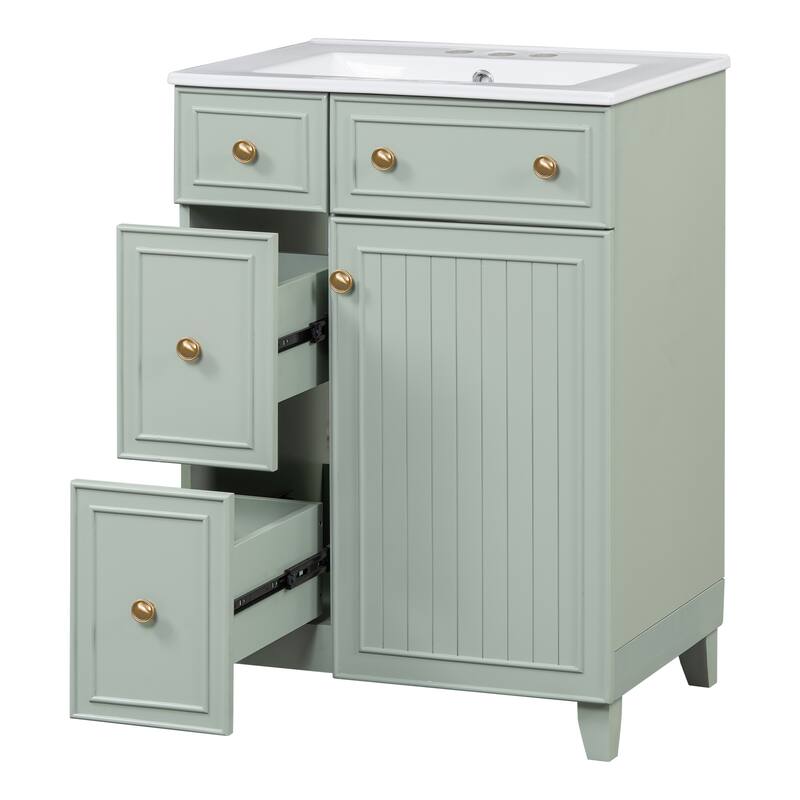 24 Inch Bathroom Vanity Cabinet with Ceramic Sink, 2 Drawers & Door, Bathroom Storage Cabinet Free-standing Single Sink Cabinet