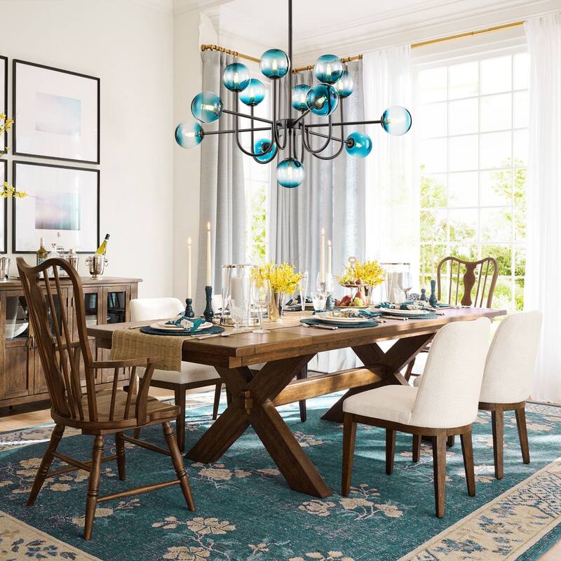 13-Light Mid-Century Modern Gold/Black Linear Sputnik Gradient Blue Glass Globe Bubble Chandelier for Living Room